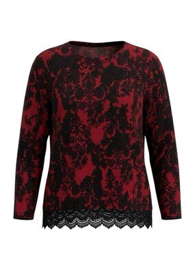 Westbound Petites Tunic Top PXL Red Black Damask Knit Lace Trim Hem Blouse